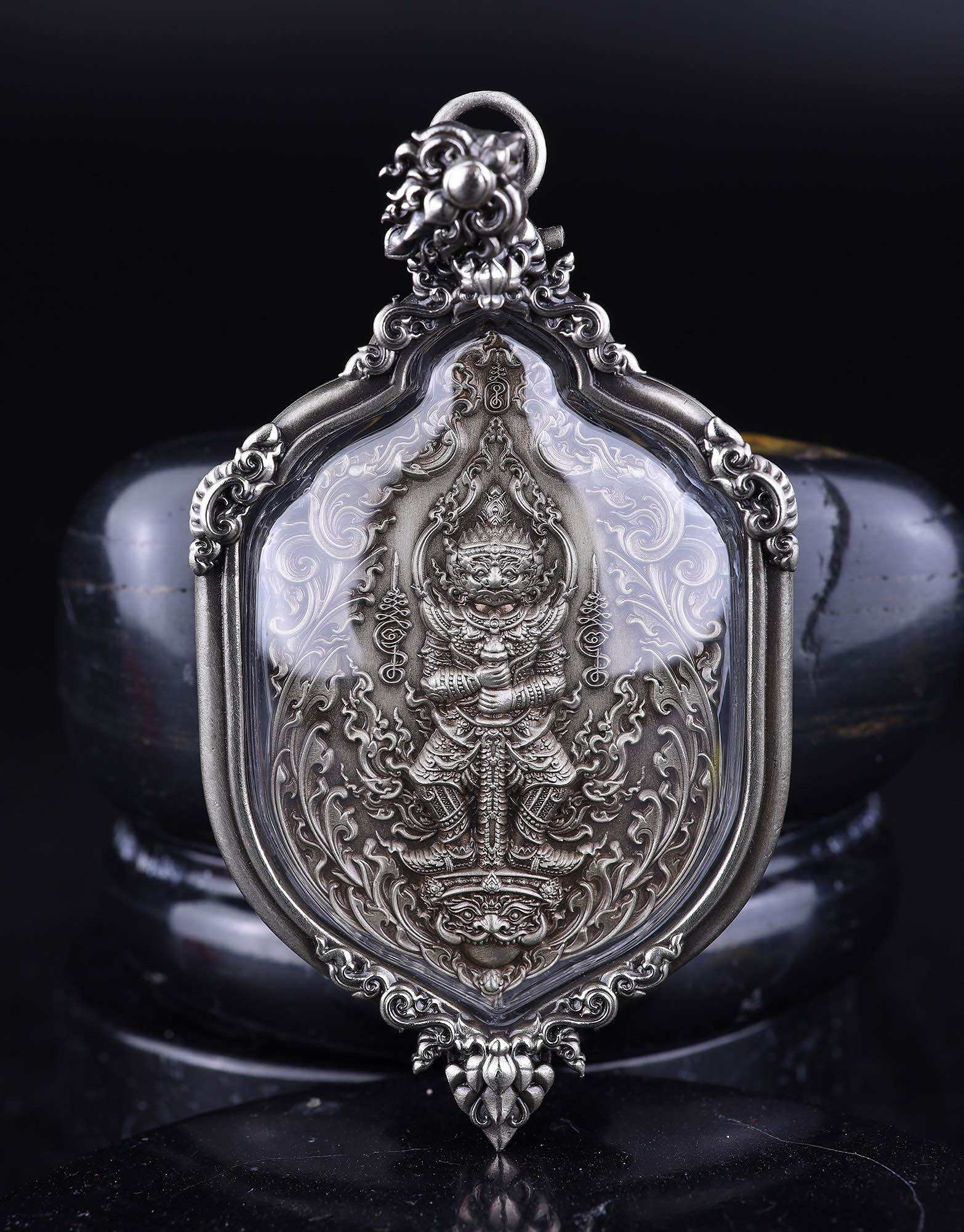 Thai Blessing Co silver pendant featuring ornate guardian deity relief Thao Wessuwan amulet for protection