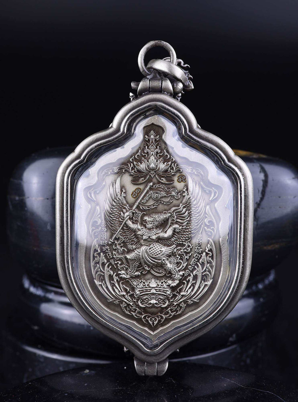 Thai Blessing Co silver pendant featuring detailed Thao Wessuwan amulet for protection embossed in metal