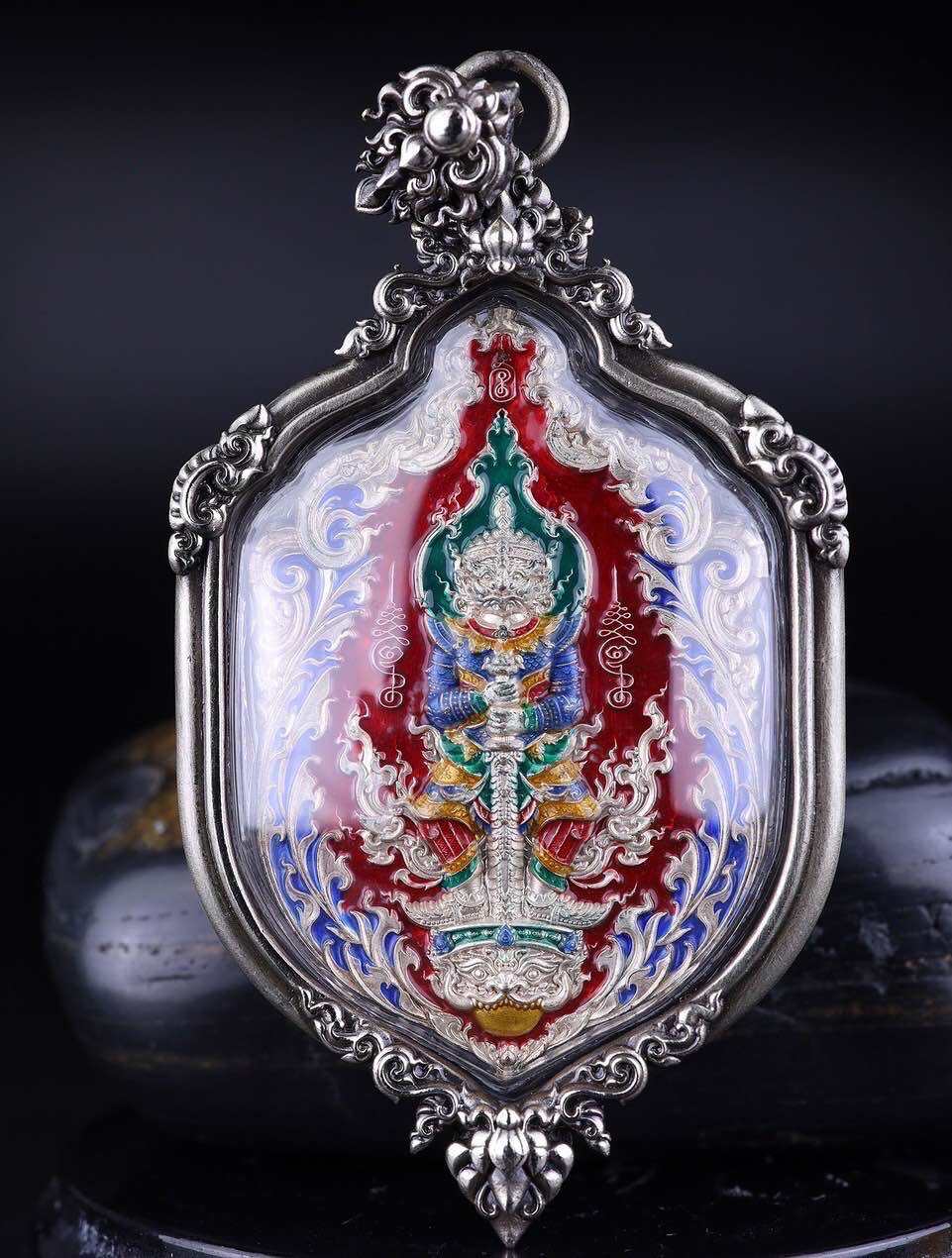 Thao Wessuwan amulet for protection colorful enamel guardian pendant in ornate silver frame by Thai Blessing Co