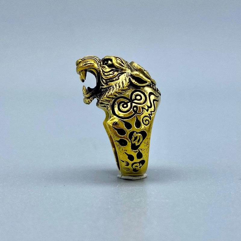 Gold tiger head signet ring with engraved Thai motifs by Thai Blessing Co Tiger King ring Thai amulet