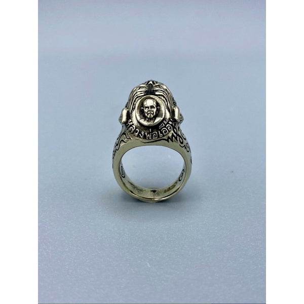 Tiger King ring Thai amulet silver tone ring with carved monk face and Thai script by Thai Blessing Co