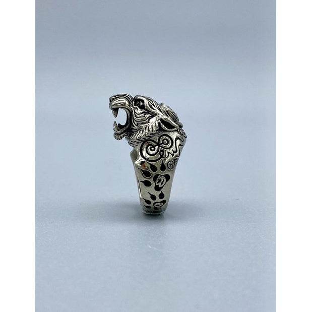 Tiger King ring Thai amulet silver tiger head ring with engraved sacred patterns by Thai Blessing Co