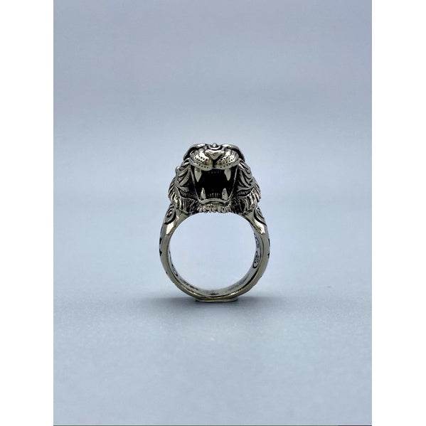 Thai Blessing Co Tiger King ring Thai amulet silver ring with detailed roaring tiger head carving for protection
