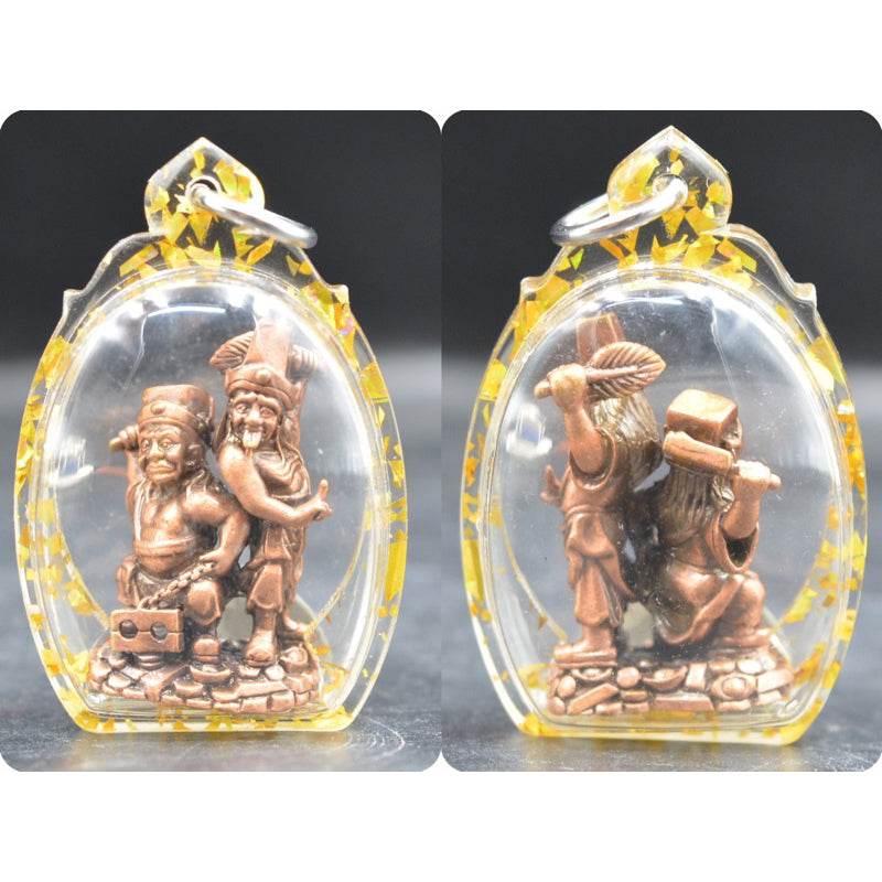 Tua Pae-Yee Pae Amulet - 2 Deities of Wealth in clear yellow case with copper deity figures for home blessing