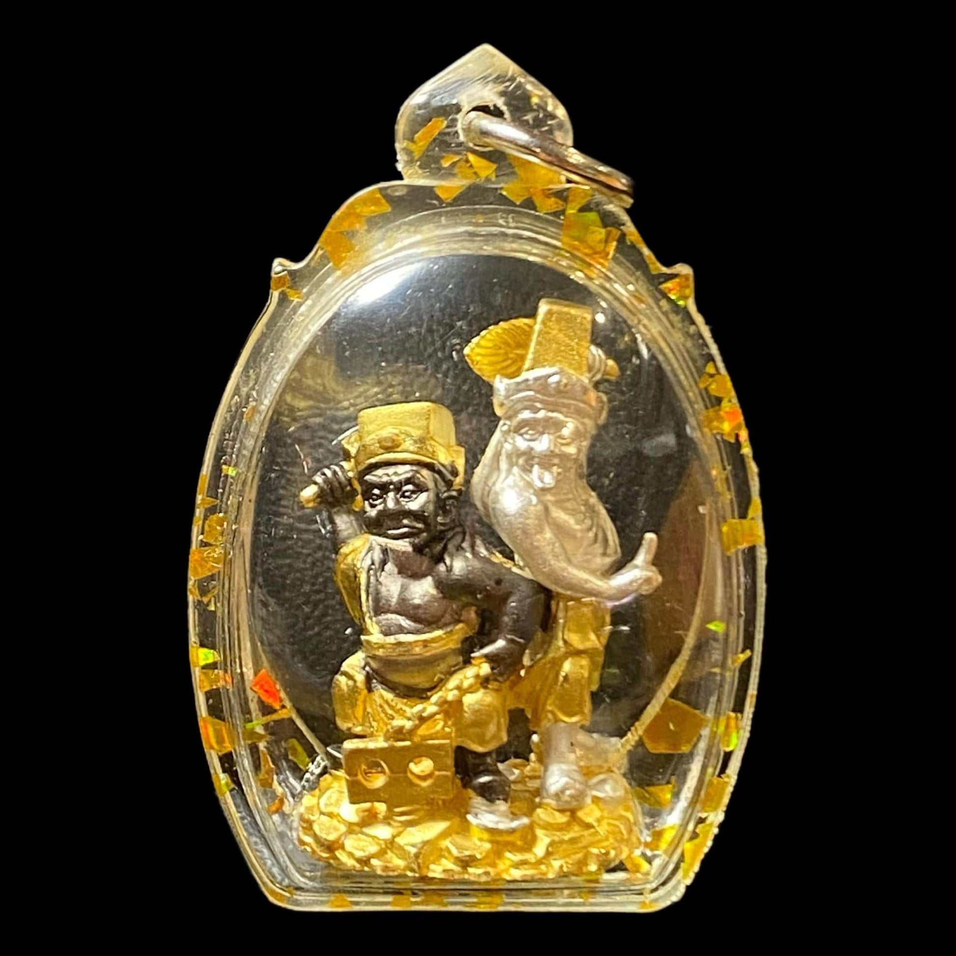 Tua Pae-Yee Pae Amulet - 2 Deities of Wealth clear resin pendant with gold leaf flakes and twin gold silver deity figures on coins