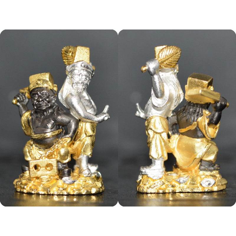 Tua Pae-Yee Pae Amulet - 2 Deities of Wealth. Small gold and silver feng shui statue pair on coin base