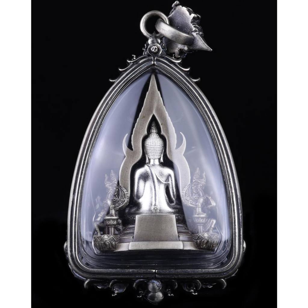 Phra Put Chinnarat amulet silver seated Buddha in ornate clear teardrop case pendant from Thai Blessing Co