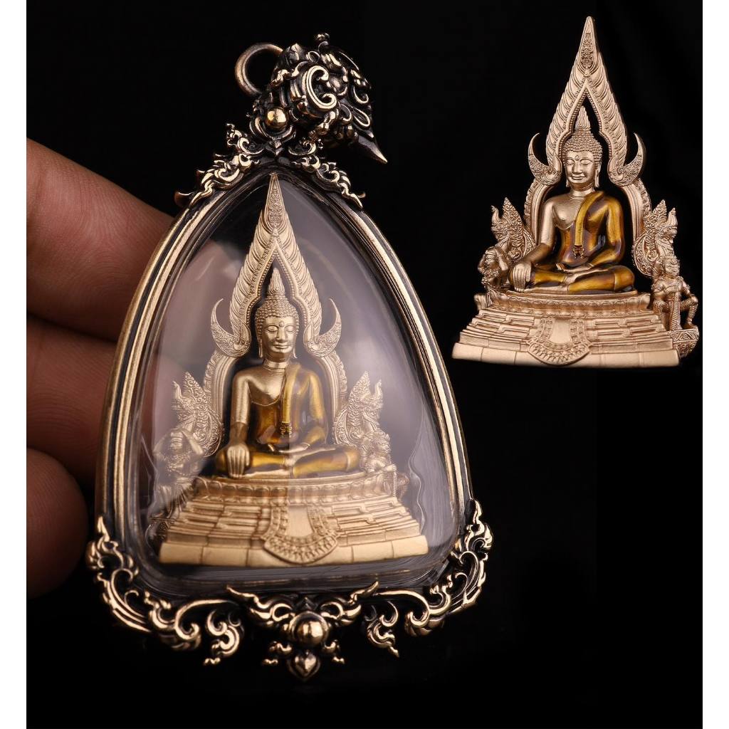 Phra Put Chinnarat amulet gold Thai Buddha statue in ornate metal case for home shrine and blessing