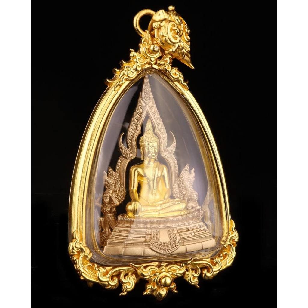 Phra Put Chinnarat amulet seated Buddha in ornate gold protective case with glass cover for home shrine