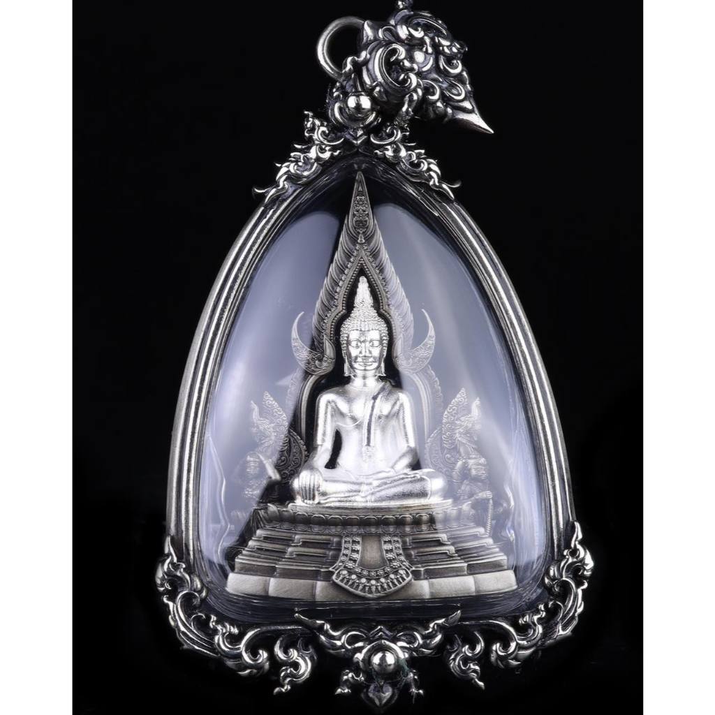 Thai Blessing Co Phra Put Chinnarat amulet silver Buddha statue in ornate protective casing for devotion