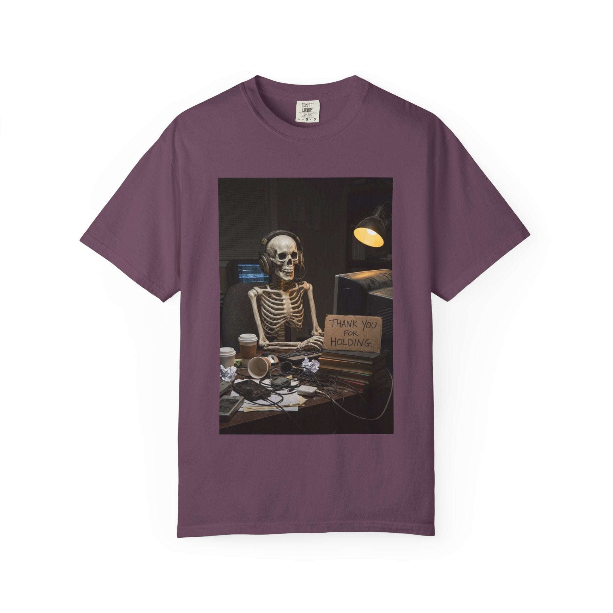 Thank You For Holding Shirt - Skeleton Customer Service Tee - Funny Call Center Humor - Sarcastic Work From Home Gift - Vintage Dark Humor Berry