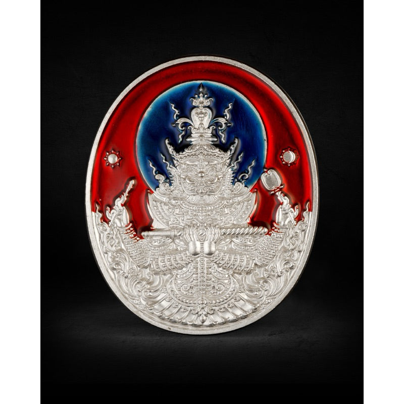 Thai Blessing Co silver decorative Thao Wessuwan coin for wealth with red and blue background