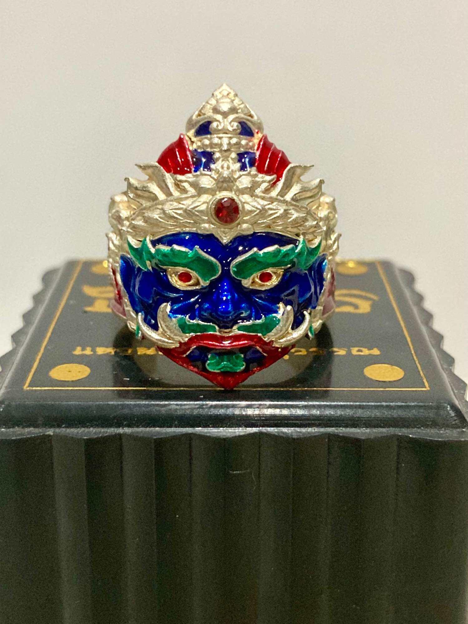 Thao Wessuwan Protection Ring Thanaesuan II for Spiritual Shielding Silver plated with red gems