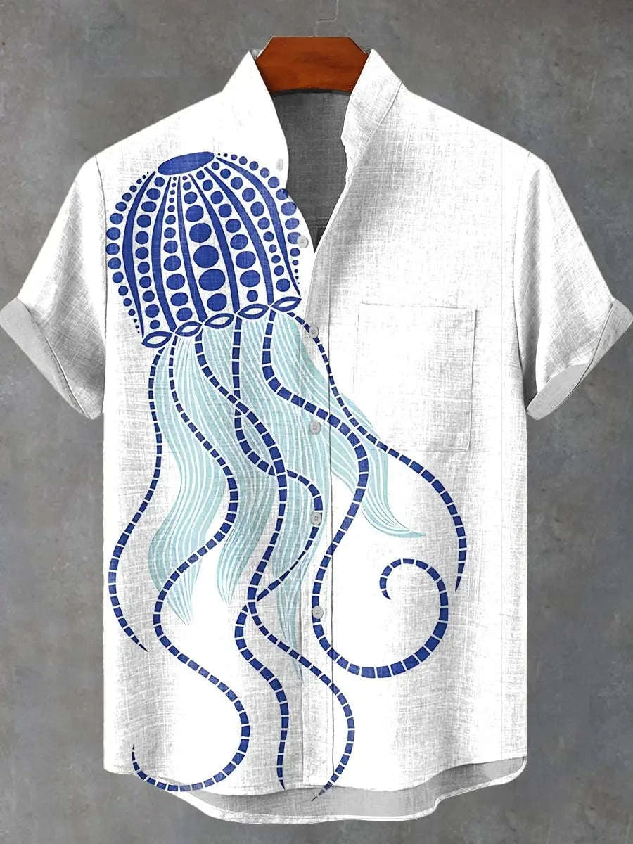🐙 The Abyssal Kraken Art Edition: Premium Men’s Organic Linen Shirt – High-Definition Deep Sea Giant Octopus Print, Breathable Short-Sleeve Casual Button-Down, and Sophisticated Nautical Graphic Top SFQQQD259
