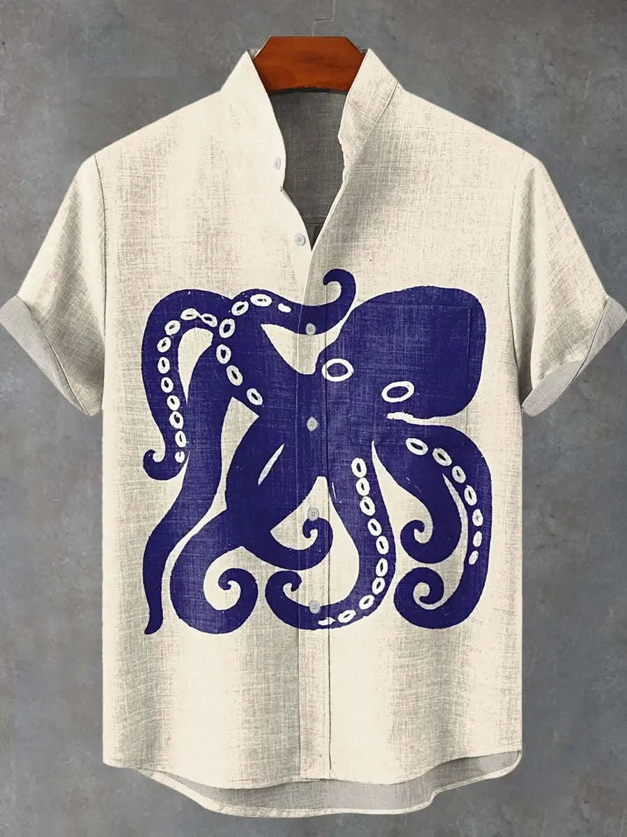 🐙 The Abyssal Kraken Art Edition: Premium Men’s Organic Linen Shirt – High-Definition Deep Sea Giant Octopus Print, Breathable Short-Sleeve Casual Button-Down, and Sophisticated Nautical Graphic Top SFQQQD258