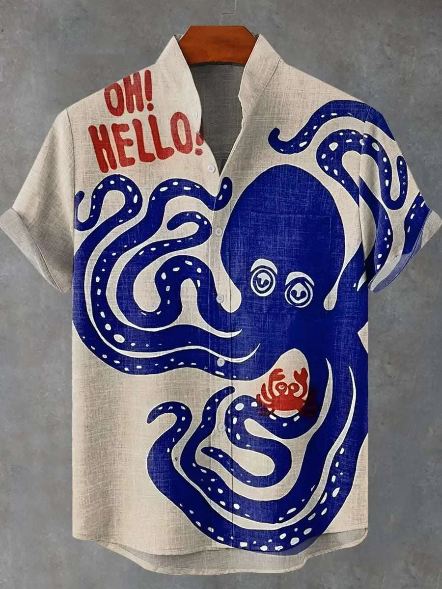 🐙 The Abyssal Kraken Art Edition: Premium Men’s Organic Linen Shirt – High-Definition Deep Sea Giant Octopus Print, Breathable Short-Sleeve Casual Button-Down, and Sophisticated Nautical Graphic Top SFQQQD256