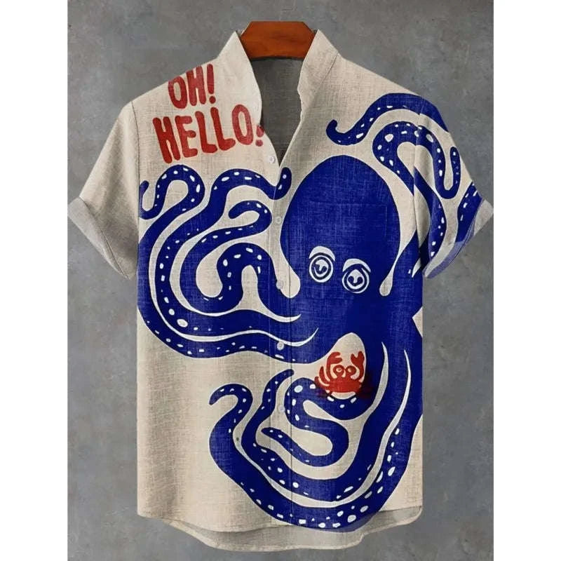 🐙 The Abyssal Kraken Art Edition: Premium Men’s Organic Linen Shirt – High-Definition Deep Sea Giant Octopus Print, Breathable Short-Sleeve Casual Button-Down, and Sophisticated Nautical Graphic Top