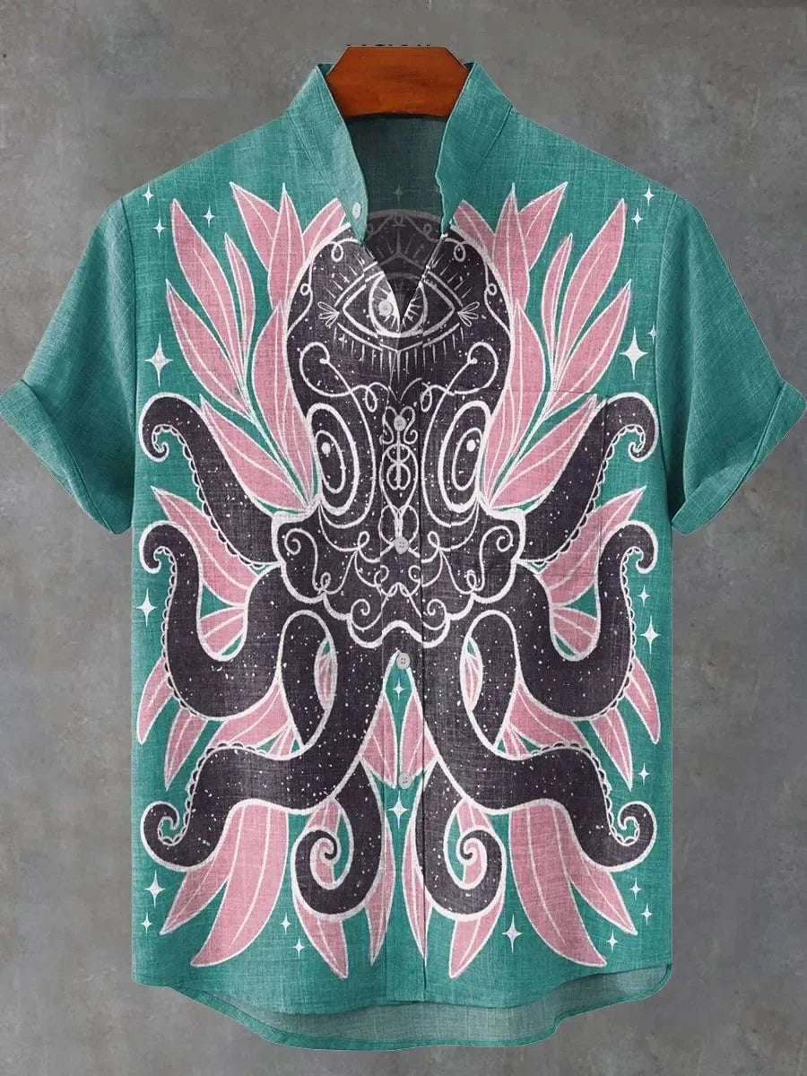 🐙 The Abyssal Kraken Art Edition: Premium Men’s Organic Linen Shirt – High-Definition Deep Sea Giant Octopus Print, Breathable Short-Sleeve Casual Button-Down, and Sophisticated Nautical Graphic Top