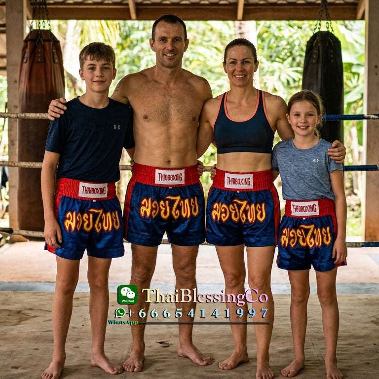 🥊The Apex Striker: Premium Side-Striped Muay Thai Shorts – Authentic Kanok Embroidered Satin Trunks, Quick-Dry Double-Layered Export Grade for Adults and Kids (Muay Thai shorts, blue.)