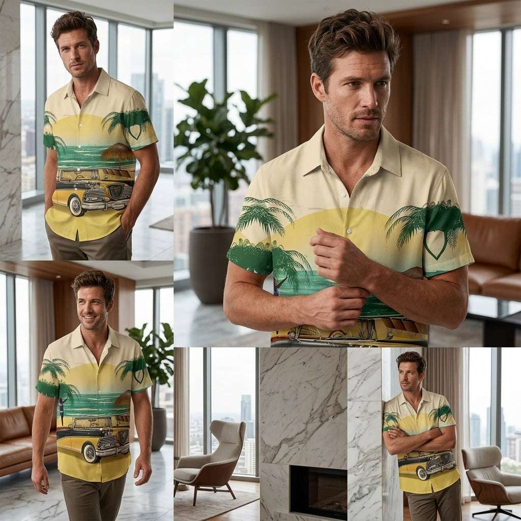 The Azure Horizon Premium Men's Seaside Holiday Hawaiian Shirt - High-Definition Tropical Floral Graphic Loose-Fit Handsome Silhouette Trousers Accent Shirt, Breathable Summer Beach Camisa Urban Short-Sleeve Apparel Thai Blessing Co By RURUECHA