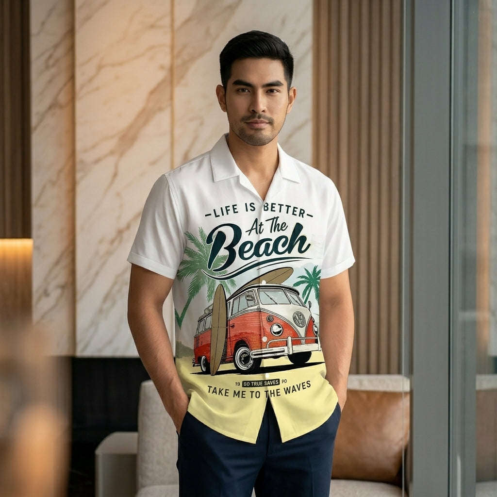 The Azure Horizon Premium Men's Seaside Holiday Hawaiian Shirt - High-Definition Tropical Floral Graphic Loose-Fit Handsome Silhouette Trousers Accent Shirt, Breathable Summer Beach Camisa Urban Short-Sleeve Apparel