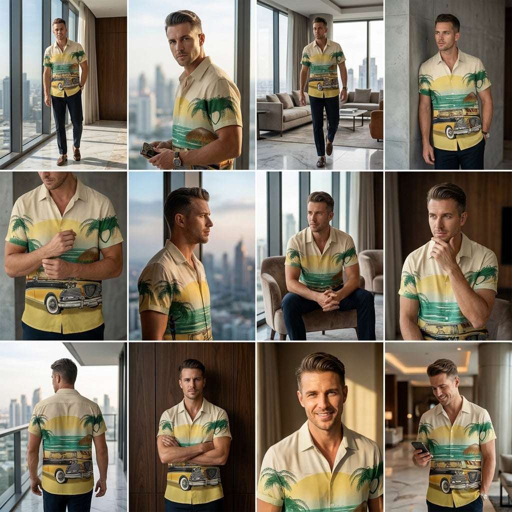 The Azure Horizon Premium Men's Seaside Holiday Hawaiian Shirt - High-Definition Tropical Floral Graphic Loose-Fit Handsome Silhouette Trousers Accent Shirt, Breathable Summer Beach Camisa Urban Short-Sleeve Apparel Thai Blessing Co By RURUECHA