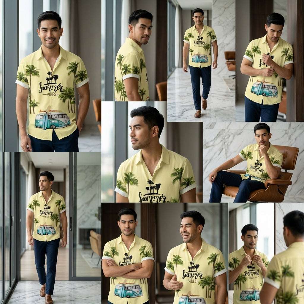 The Azure Horizon Premium Men's Seaside Holiday Hawaiian Shirt - High-Definition Tropical Floral Graphic Loose-Fit Handsome Silhouette Trousers Accent Shirt, Breathable Summer Beach Camisa Urban Short-Sleeve Apparel Thai Blessing Co By RURUECHA