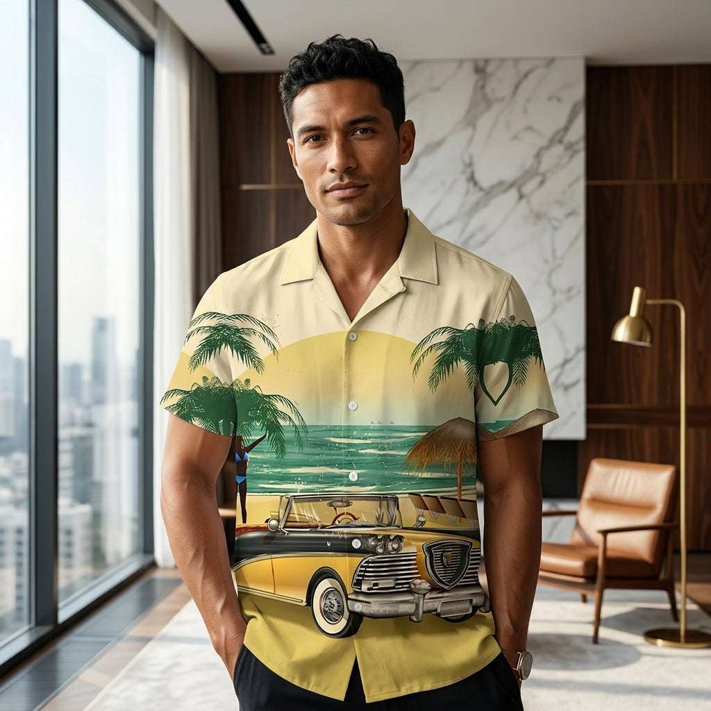 The Azure Horizon Premium Men's Seaside Holiday Hawaiian Shirt - High-Definition Tropical Floral Graphic Loose-Fit Handsome Silhouette Trousers Accent Shirt, Breathable Summer Beach Camisa Urban Short-Sleeve Apparel Thai Blessing Co By RURUECHA