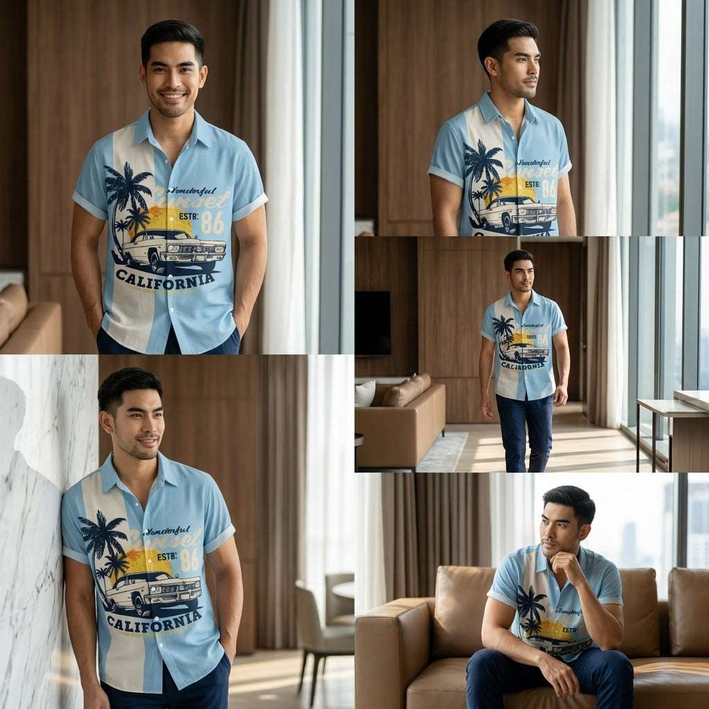 The Azure Horizon Premium Men's Seaside Holiday Hawaiian Shirt - High-Definition Tropical Floral Graphic Loose-Fit Handsome Silhouette Trousers Accent Shirt, Breathable Summer Beach Camisa Urban Short-Sleeve Apparel Thai Blessing Co By RURUECHA
