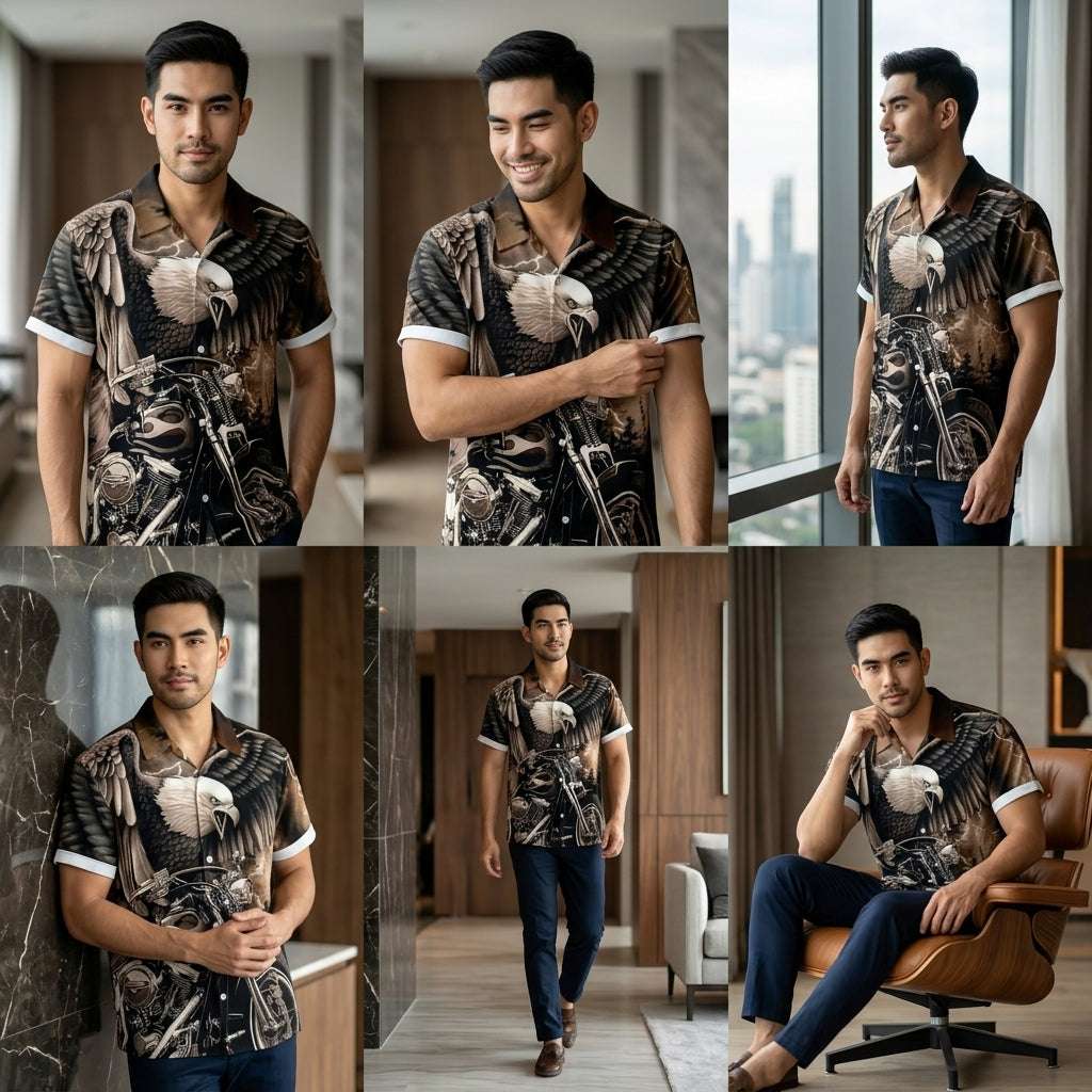 The Azure Horizon Premium Men's Seaside Holiday Hawaiian Shirt - High-Definition Tropical Floral Graphic Loose-Fit Handsome Silhouette Trousers Accent Shirt, Breathable Summer Beach Camisa Urban Short-Sleeve Apparel Thai Blessing Co By RURUECHA