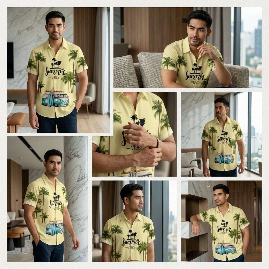 The Azure Horizon Premium Men's Seaside Holiday Hawaiian Shirt - High-Definition Tropical Floral Graphic Loose-Fit Handsome Silhouette Trousers Accent Shirt, Breathable Summer Beach Camisa Urban Short-Sleeve Apparel Thai Blessing Co By RURUECHA