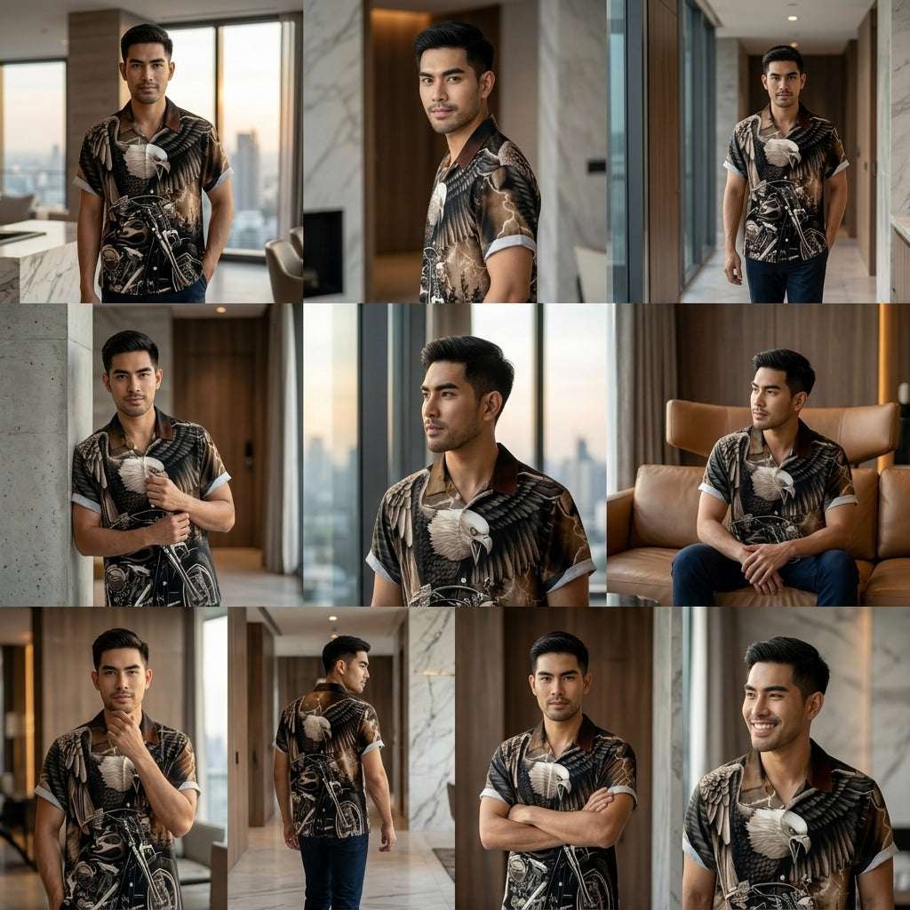 The Azure Horizon Premium Men's Seaside Holiday Hawaiian Shirt - High-Definition Tropical Floral Graphic Loose-Fit Handsome Silhouette Trousers Accent Shirt, Breathable Summer Beach Camisa Urban Short-Sleeve Apparel Thai Blessing Co By RURUECHA