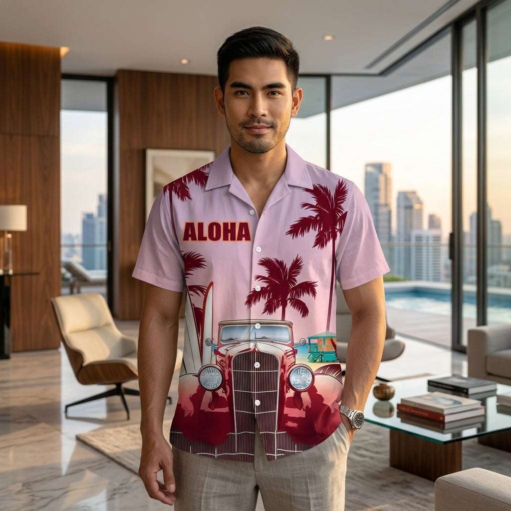 The Azure Horizon Premium Men's Seaside Holiday Hawaiian Shirt - High-Definition Tropical Floral Graphic Loose-Fit Handsome Silhouette Trousers Accent Shirt, Breathable Summer Beach Camisa Urban Short-Sleeve Apparel Thai Blessing Co By RURUECHA