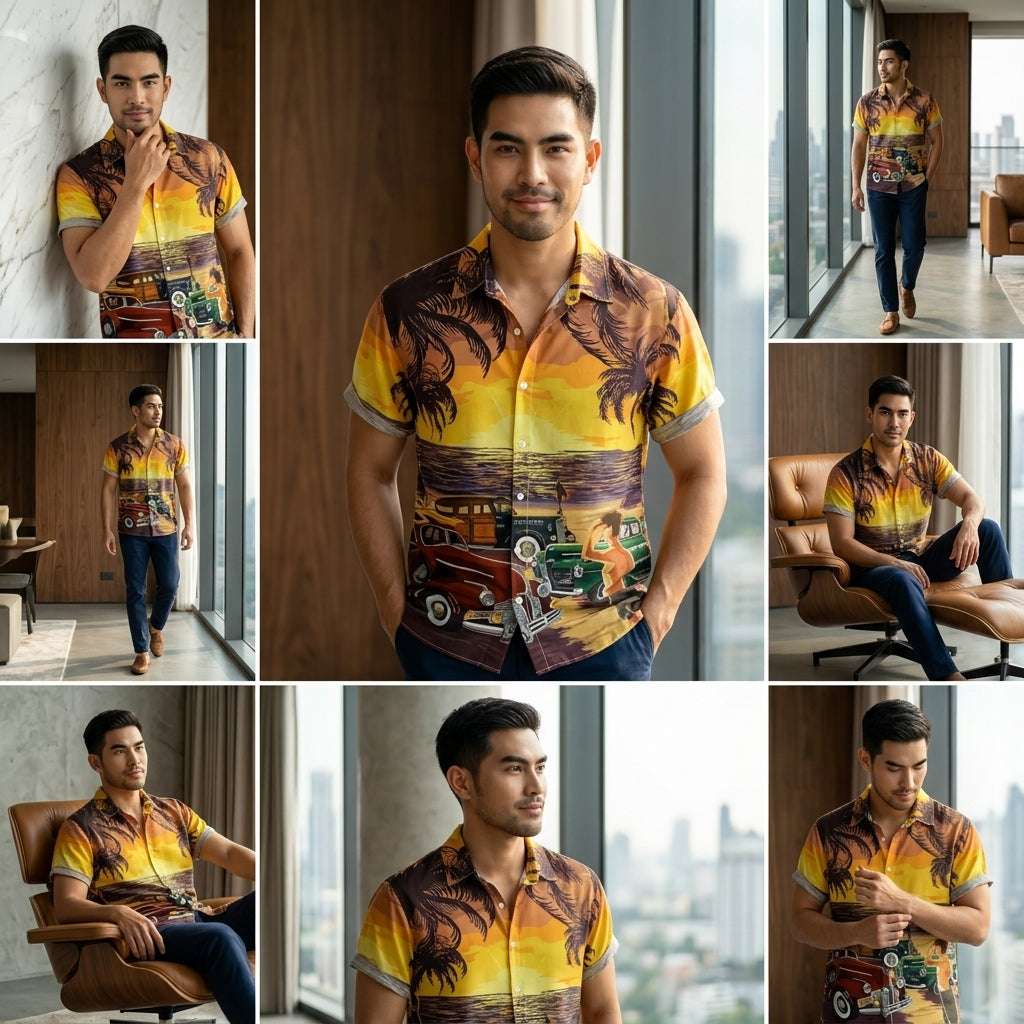 The Azure Horizon Premium Men's Seaside Holiday Hawaiian Shirt - High-Definition Tropical Floral Graphic Loose-Fit Handsome Silhouette Trousers Accent Shirt, Breathable Summer Beach Camisa Urban Short-Sleeve Apparel Thai Blessing Co By RURUECHA