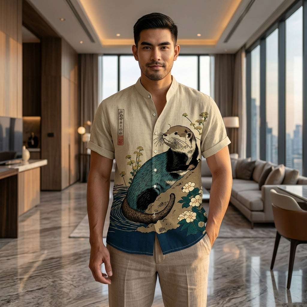 The Bamboo-Zen Anime Edition Premium Unisex Bamboo-Linen V-Neck Shirt - High-Definition Anime Feline Character Print Ultra-Breathable Eco-Fiber Blend Spring Summer Casual Button-Down Apparel Thai Blessing Co By RURUECHA
