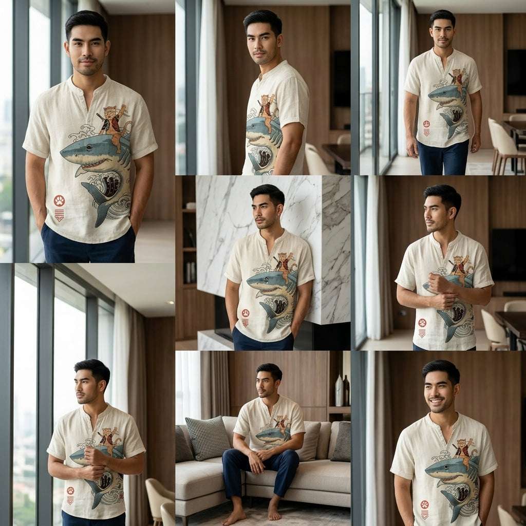 The Bamboo-Zen Anime Edition Premium Unisex Bamboo-Linen V-Neck Shirt - High-Definition Anime Feline Character Print Ultra-Breathable Eco-Fiber Blend Spring Summer Casual Button-Down Apparel Thai Blessing Co By RURUECHA