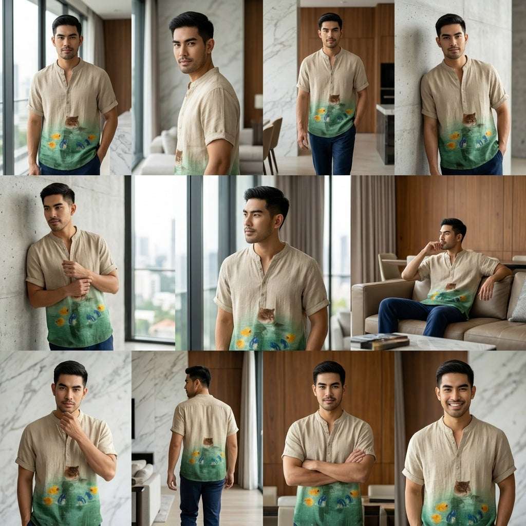 The Bamboo-Zen Anime Edition Premium Unisex Bamboo-Linen V-Neck Shirt - High-Definition Anime Feline Character Print Ultra-Breathable Eco-Fiber Blend Spring Summer Casual Button-Down Apparel Thai Blessing Co By RURUECHA