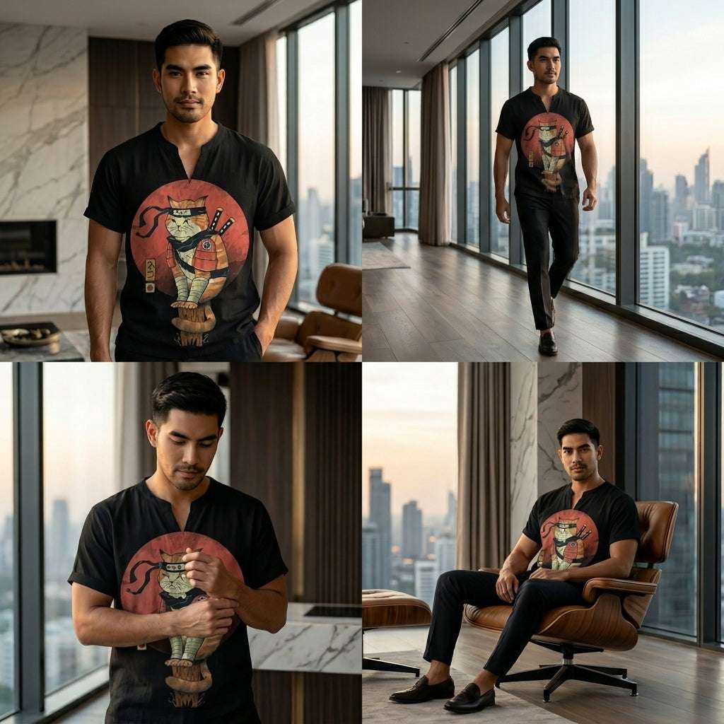 The Bamboo-Zen Anime Edition Premium Unisex Bamboo-Linen V-Neck Shirt - High-Definition Anime Feline Character Print Ultra-Breathable Eco-Fiber Blend Spring Summer Casual Button-Down Apparel Thai Blessing Co By RURUECHA