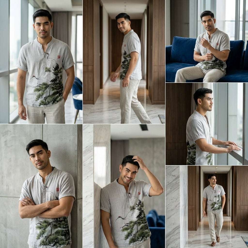 The Bamboo-Zen Anime Edition Premium Unisex Bamboo-Linen V-Neck Shirt - High-Definition Anime Feline Character Print Ultra-Breathable Eco-Fiber Blend Spring Summer Casual Button-Down Apparel Thai Blessing Co By RURUECHA