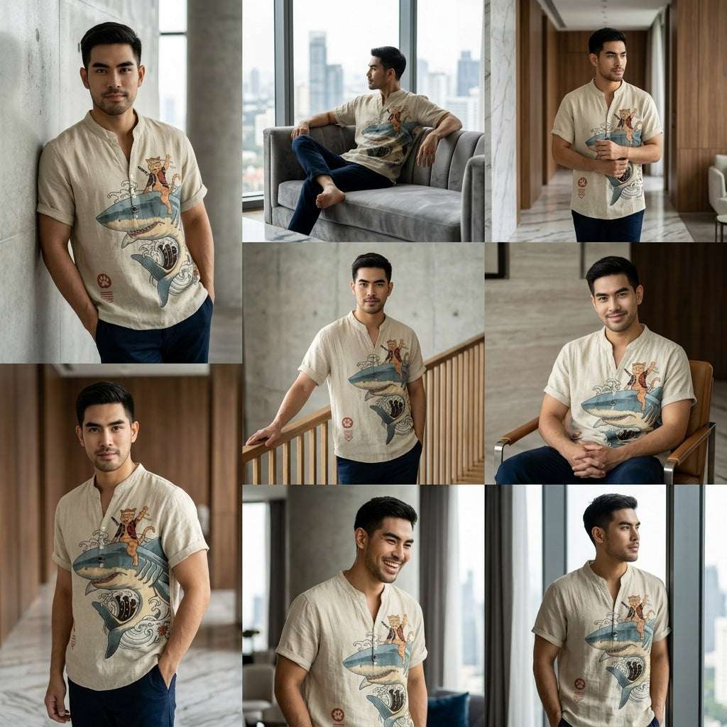 The Bamboo-Zen Anime Edition Premium Unisex Bamboo-Linen V-Neck Shirt - High-Definition Anime Feline Character Print Ultra-Breathable Eco-Fiber Blend Spring Summer Casual Button-Down Apparel Thai Blessing Co By RURUECHA