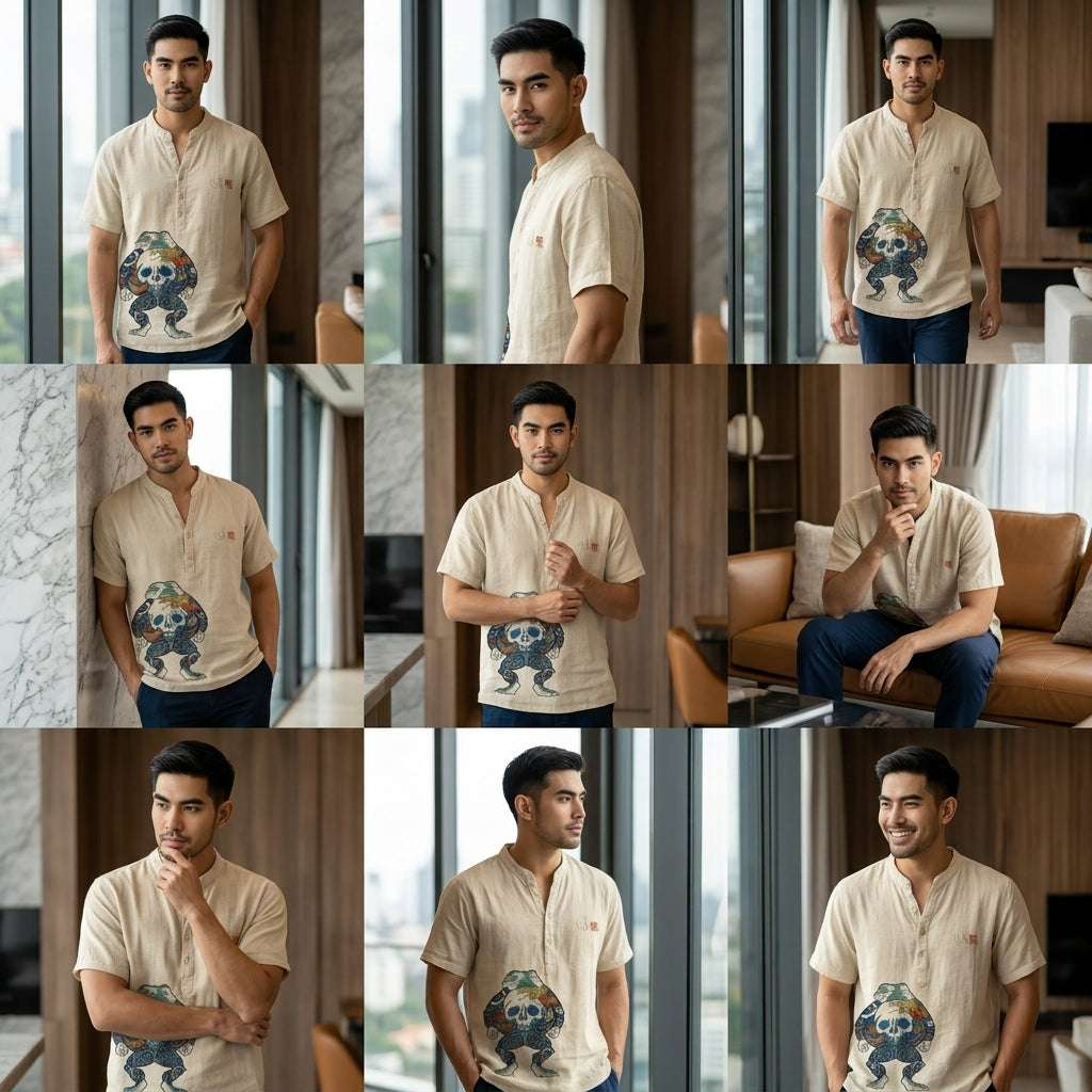 The Bamboo-Zen Anime Edition Premium Unisex Bamboo-Linen V-Neck Shirt - High-Definition Anime Feline Character Print Ultra-Breathable Eco-Fiber Blend Spring Summer Casual Button-Down Apparel Thai Blessing Co By RURUECHA