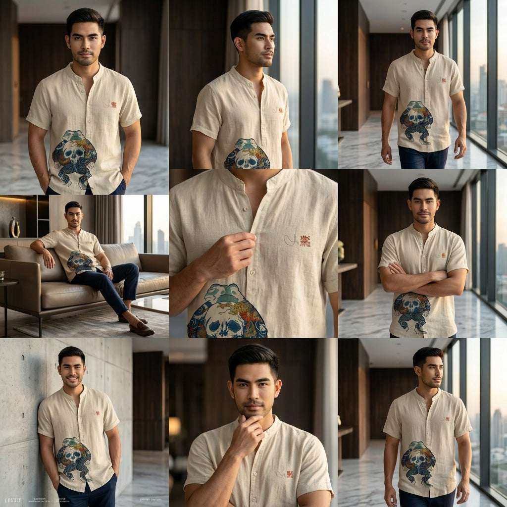 The Bamboo-Zen Anime Edition Premium Unisex Bamboo-Linen V-Neck Shirt - High-Definition Anime Feline Character Print Ultra-Breathable Eco-Fiber Blend Spring Summer Casual Button-Down Apparel Thai Blessing Co By RURUECHA