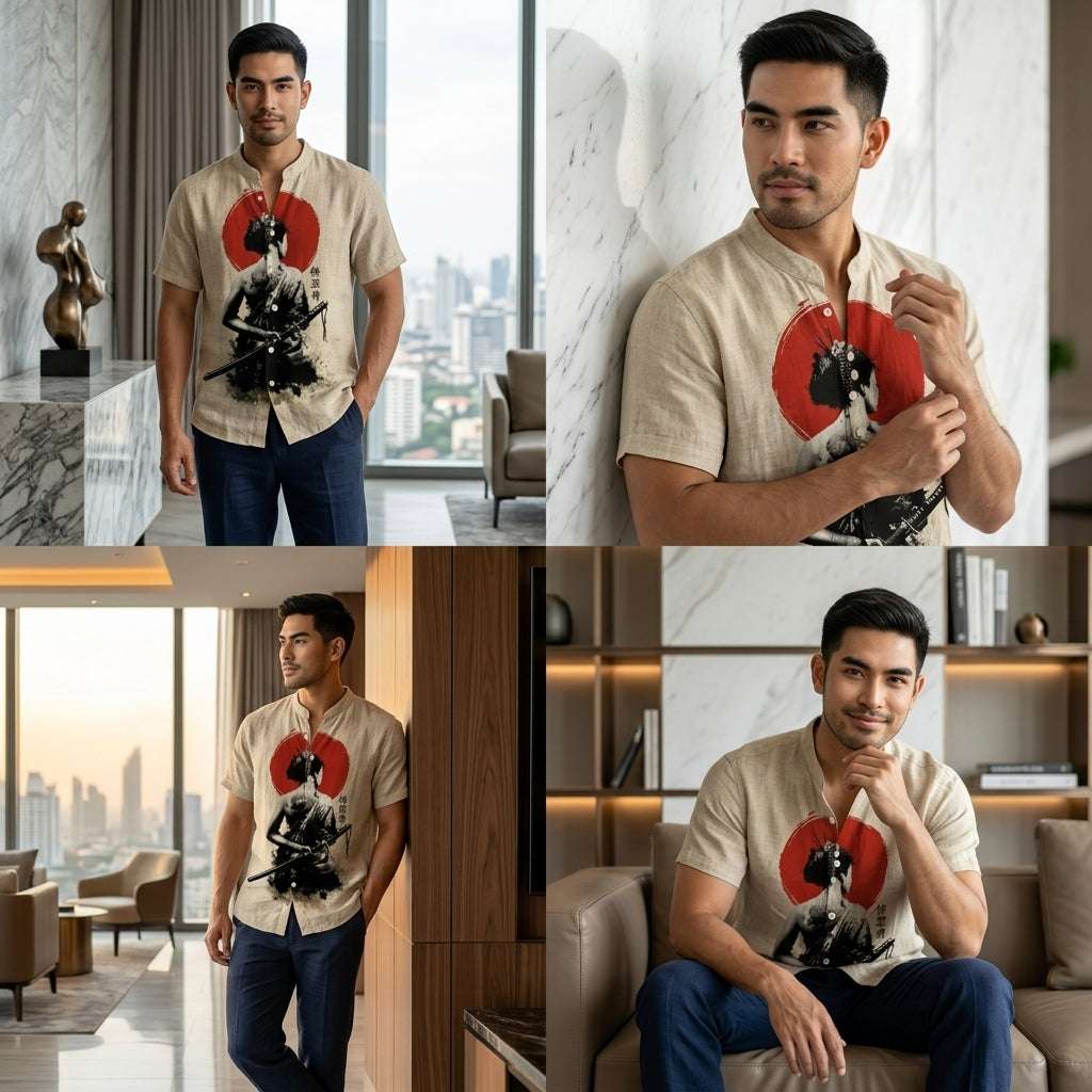 The Bamboo-Zen Anime Edition Premium Unisex Bamboo-Linen V-Neck Shirt - High-Definition Anime Feline Character Print Ultra-Breathable Eco-Fiber Blend Spring Summer Casual Button-Down Apparel Thai Blessing Co By RURUECHA