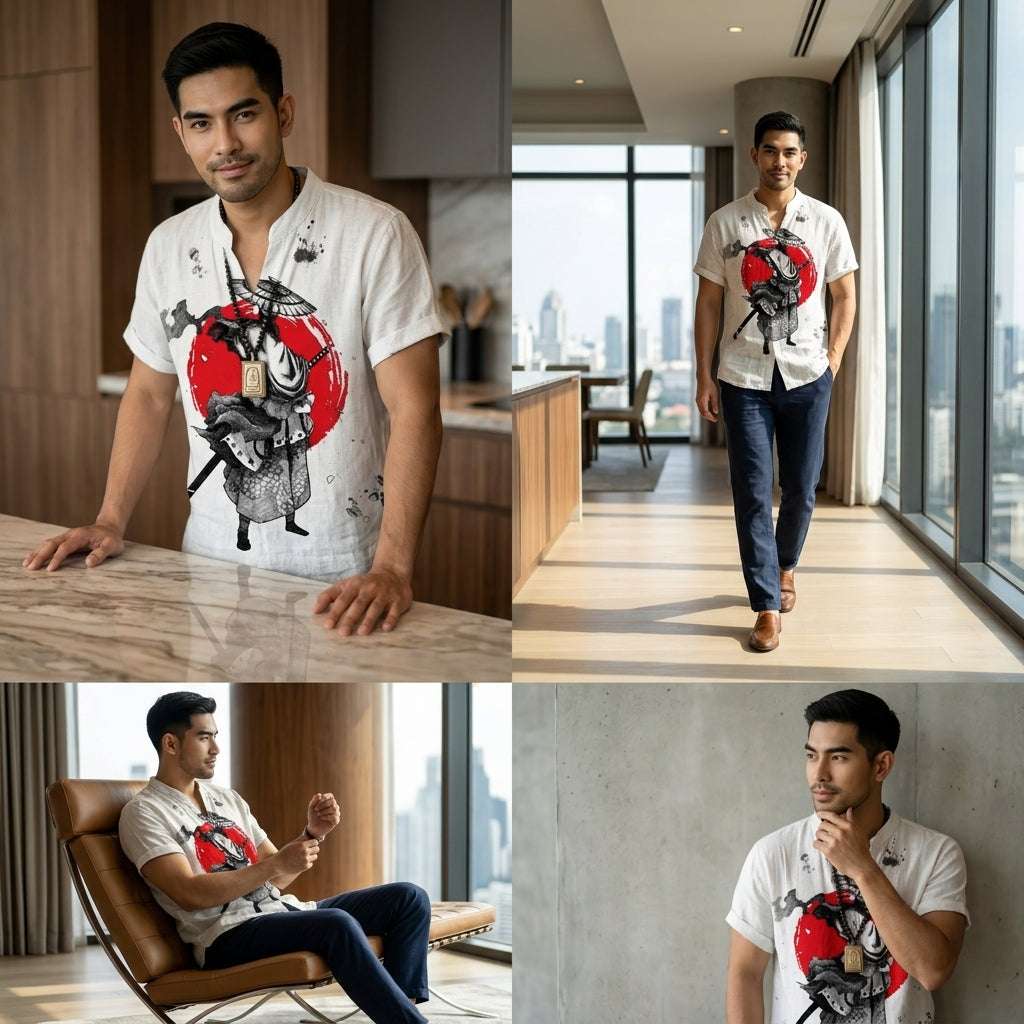 The Bamboo-Zen Anime Edition Premium Unisex Bamboo-Linen V-Neck Shirt - High-Definition Anime Feline Character Print Ultra-Breathable Eco-Fiber Blend Spring Summer Casual Button-Down Apparel Thai Blessing Co By RURUECHA