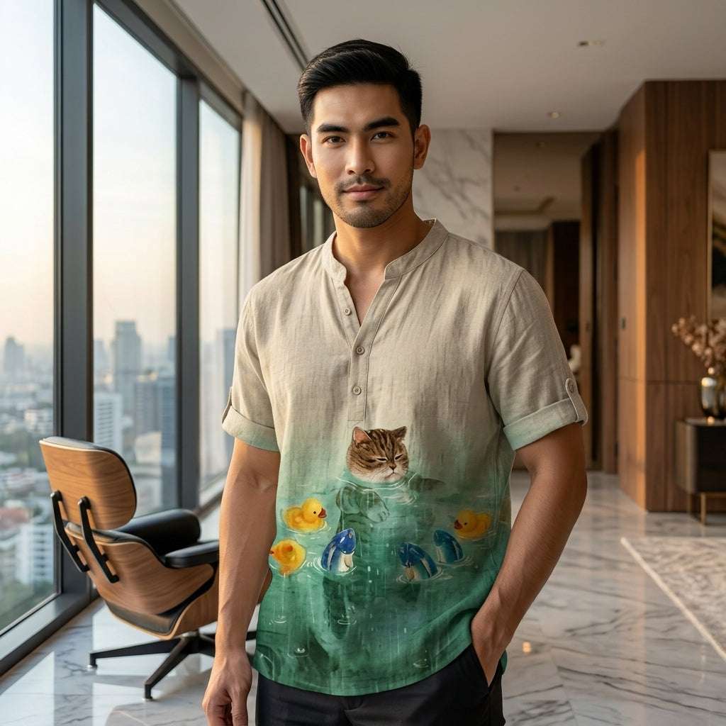 The Bamboo-Zen Anime Edition Premium Unisex Bamboo-Linen V-Neck Shirt - High-Definition Anime Feline Character Print Ultra-Breathable Eco-Fiber Blend Spring Summer Casual Button-Down Apparel Thai Blessing Co By RURUECHA