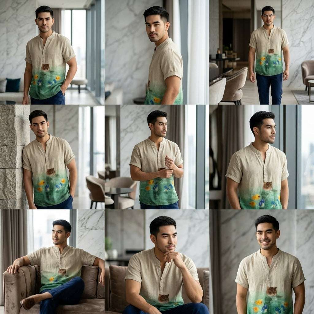 The Bamboo-Zen Anime Edition Premium Unisex Bamboo-Linen V-Neck Shirt - High-Definition Anime Feline Character Print Ultra-Breathable Eco-Fiber Blend Spring Summer Casual Button-Down Apparel Thai Blessing Co By RURUECHA