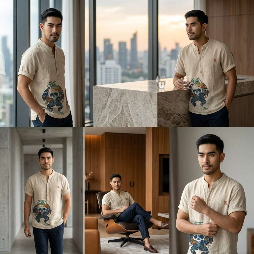 The Bamboo-Zen Anime Edition Premium Unisex Bamboo-Linen V-Neck Shirt - High-Definition Anime Feline Character Print Ultra-Breathable Eco-Fiber Blend Spring Summer Casual Button-Down Apparel Thai Blessing Co By RURUECHA