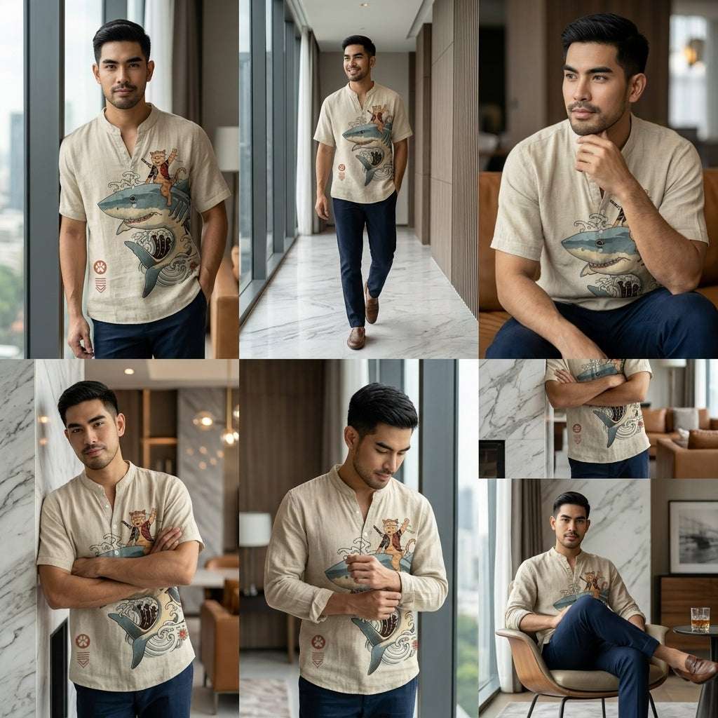 The Bamboo-Zen Anime Edition Premium Unisex Bamboo-Linen V-Neck Shirt - High-Definition Anime Feline Character Print Ultra-Breathable Eco-Fiber Blend Spring Summer Casual Button-Down Apparel Thai Blessing Co By RURUECHA