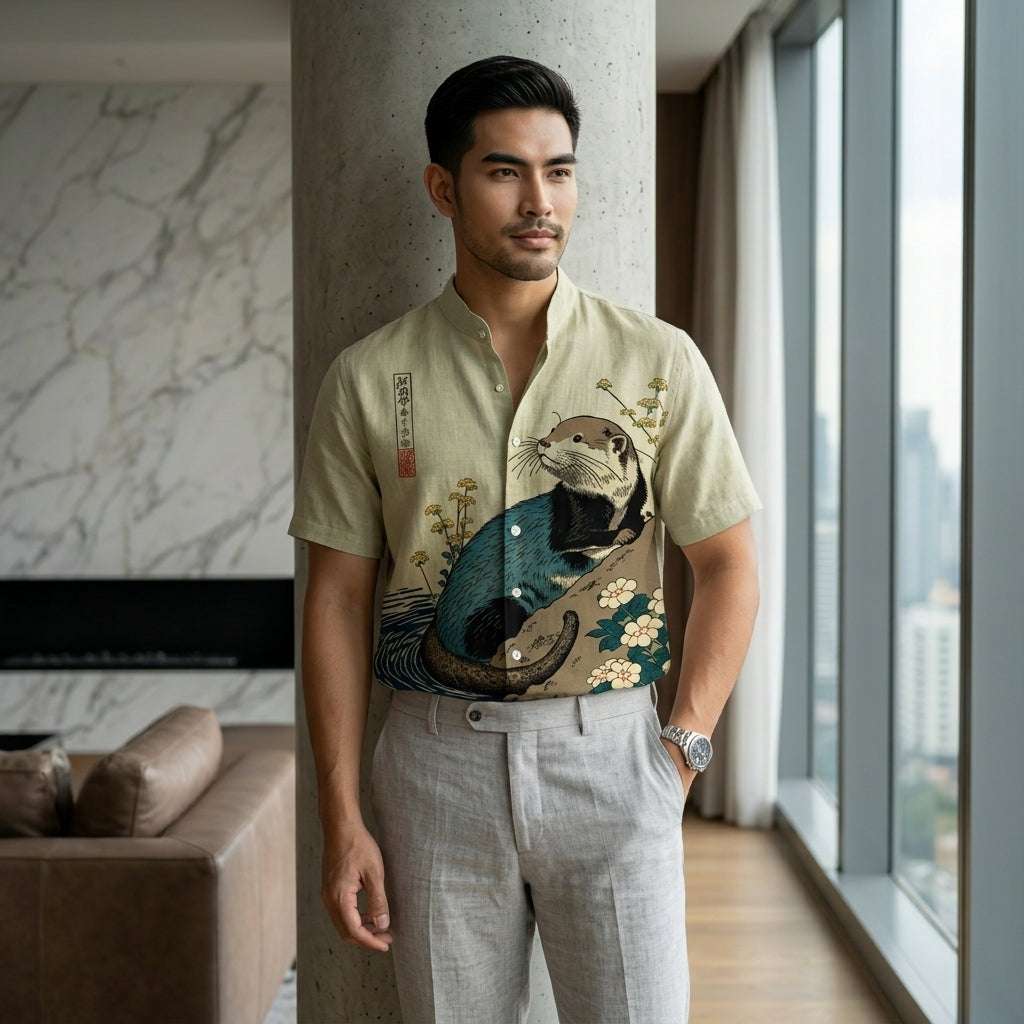 The Bamboo-Zen Anime Edition Premium Unisex Bamboo-Linen V-Neck Shirt - High-Definition Anime Feline Character Print Ultra-Breathable Eco-Fiber Blend Spring Summer Casual Button-Down Apparel Thai Blessing Co By RURUECHA