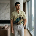 The Bamboo-Zen Anime Edition Premium Unisex Bamboo-Linen V-Neck Shirt - High-Definition Anime Feline Character Print Ultra-Breathable Eco-Fiber Blend Spring Summer Casual Button-Down Apparel Thai Blessing Co By RURUECHA